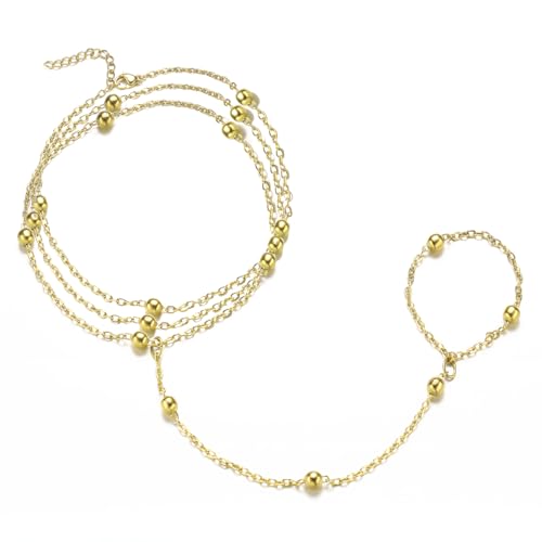 Emibele Handketten Armband Für Damen, 18K Gold Plated Handkette Mit Fingerring, Edelstahl Nicht Anlaufend Gold Armband Für Damen, Verstellbarer Trendiger Schmuck Geburtstag Valentinstag Geschenke von Emibele