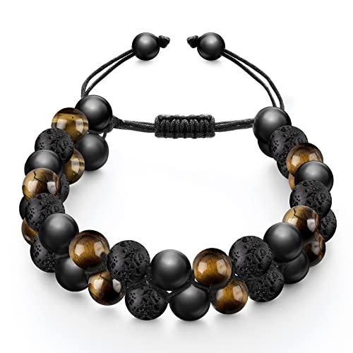 Emibele Heilungsarmband mit 8mm Perlen, 2 Schichte Perlenarmband aus Tigerauge Stein Schwarz Obsidian Lavastein, Dreifach Schutz Handgewebt Armkette Natursteinarmband mit Glück für Männer und Frauen von Emibele