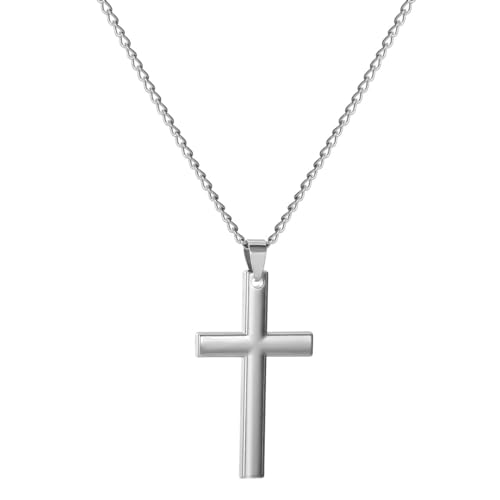 Emibele Kette Damen, Robuste Kreuzkette aus Edelstahl, Kreuzanhänger mit Halskette Geschenke für Herren Damen, Hochwertiger Schmuck für Ostern Religiöses Gebet Geburtstag, Silber von Emibele