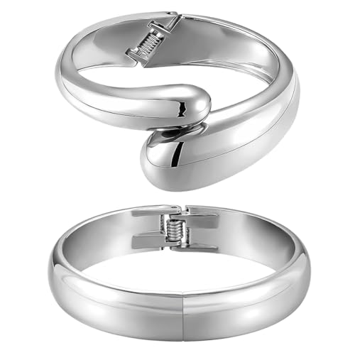 Emibele Manschette Armband Stack, Offener Armreif Armband, Teardrop Scharnier Handgelenk Chunky Armband Set für Frauen, Nicht Anlaufen Schmuck Geschenk, 2 Pack, Silber von Emibele
