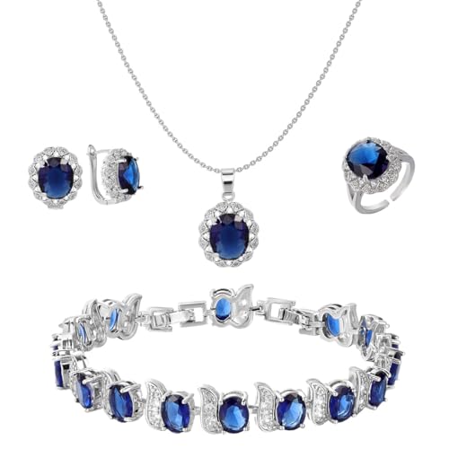 Emibele Schmuck Set,4pcs kubischer Zirkonia Kristall Ohrstecker Gliederkette Anhänger Halskette Armband Ring, Statement-Schmuck Geschenke für Frauen Hochzeit Jahrestag Geburtstag Party, Blau von Emibele