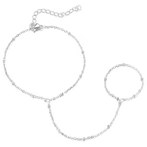 Emibele Handkette Armband Für Damen, Geschichtete Zierliche Handkette Mit Fingerring, Edelstahl Nicht Anlaufend Silber Armband Für Damen, Verstellbarer Schmuck Geburtstag Valentinstag Geschenke von Emibele