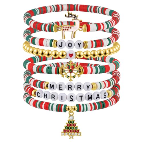 Emibele Weihnachten Ton Perlen Armbänder für Frauen 7pcs, Frohe Weihnachten Armband Set mit Weihnachtsbaum Schneeflocke Hirsch Charms, stapelbar Vinyl Disc Stretch Xmas Armbänder Geschenke von Emibele