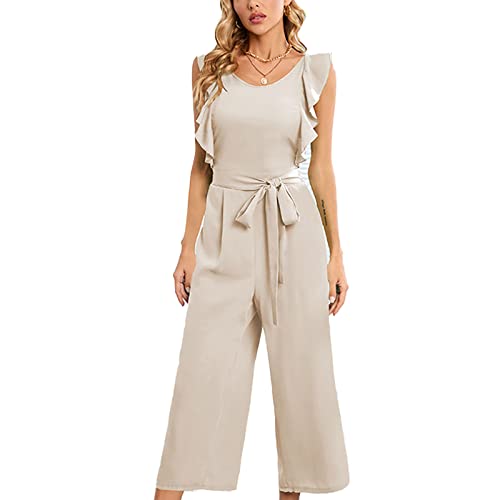 Emiif Damen-Jumpsuits mit Rüschenärmeln, weites Bein, Gürtel, hohe Taille, Strampler, Damenmode, lässige Outfits, Aprikose, M von Emiif