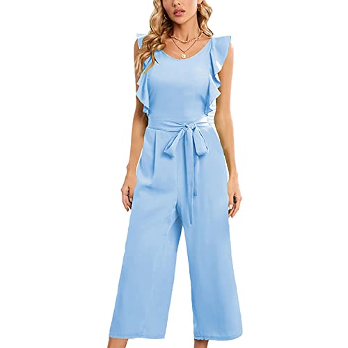 Emiif Damen-Jumpsuits mit Rüschenärmeln, weites Bein, Gürtel, hohe Taille, Strampler, Damenmode, lässige Outfits, blau, S von Emiif