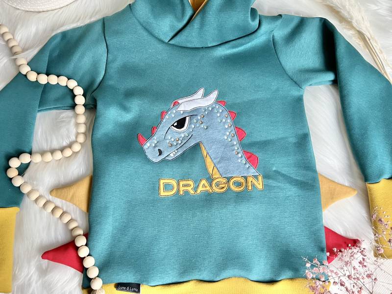 Drache Dragon Hoodie Zacken Zipfel Kapuzenpullover Herbst Autumn Petrol Senf Zipelkapuze Winter Kinderhoodie 56 - 98 von EmiliasTraumwerkstat