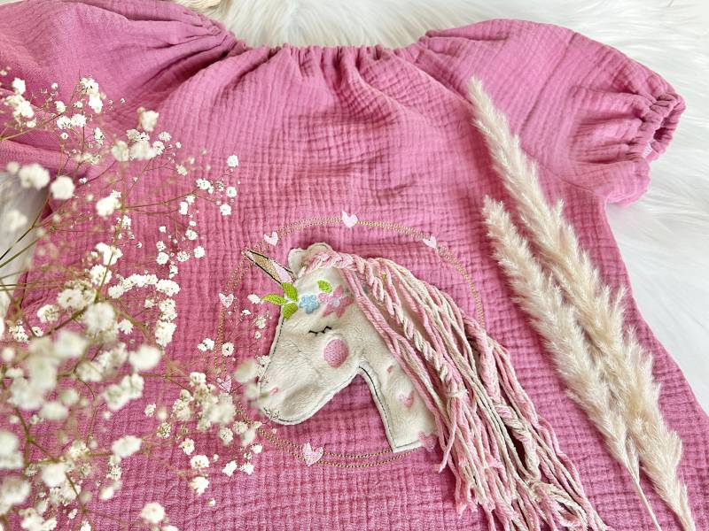 Einhorn Altrosa Kleid Oder Tunika Für Kinder Bestickt Blumenkranz Gr. 68 - 140 Einschulung Schulanfang von EmiliasTraumwerkstat