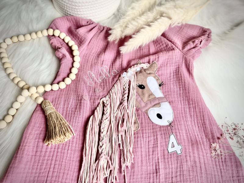 Geburtstag Tunika Altrosa Musselin Pony Pferd Lulu 3D Wollmähne Einschulung Schule Schultüte von EmiliasTraumwerkstat