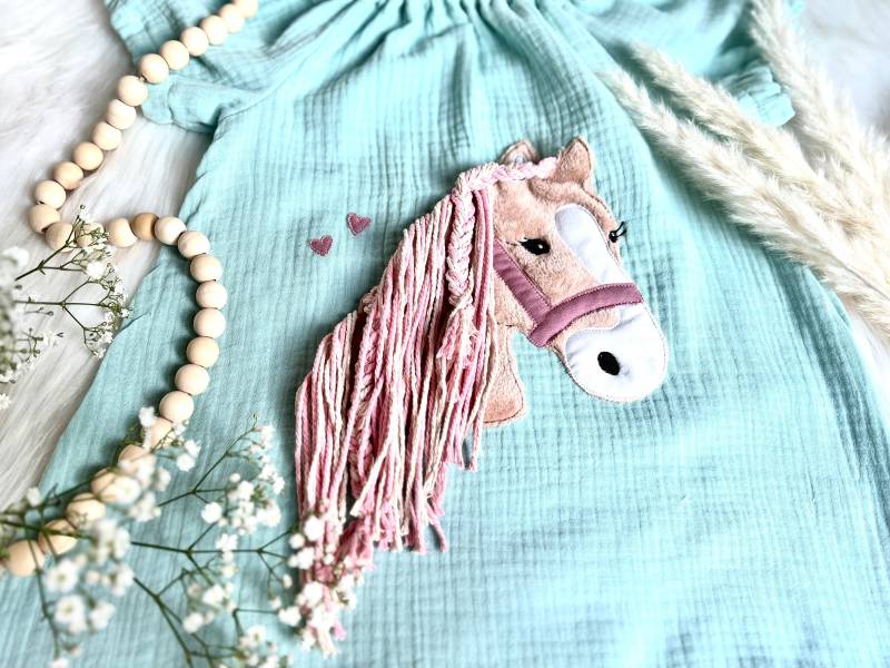 Musselin Pony Pferd Lulu Wollmähne Tunika Einschulung Schule Schultüte Outfit Hell Mintfarben Mint von EmiliasTraumwerkstat
