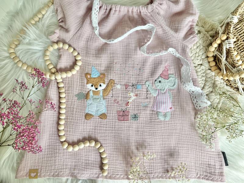 Musselin Tunika Mit Fuchs Und Maus Zum Geburtstag Für Mädchen Gr. 110 - 140 Zart Rosa Einschulung von EmiliasTraumwerkstat