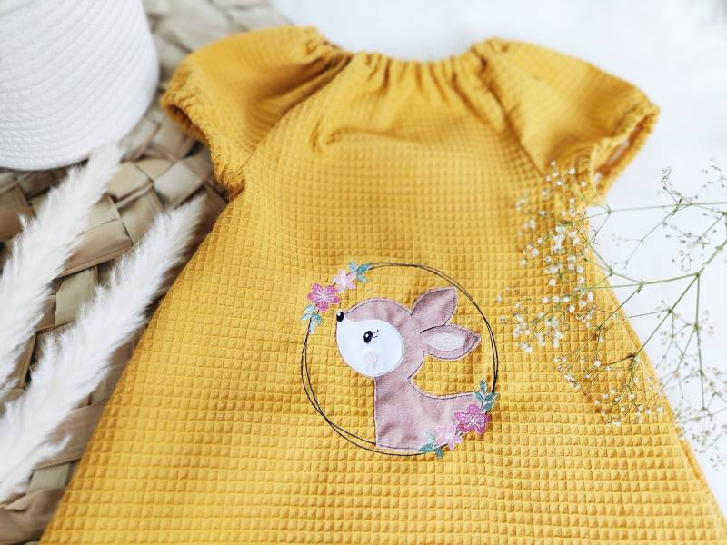 Reh Rehkitz Kleid Oder Tunika Senffarben Für Mädchen Gr. 68 - 140 Waffelpique Einschulung Schulanfang von EmiliasTraumwerkstat