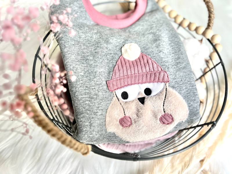 Winter Eule Grau Altrosa Herbst Pullover Kuschelig Gr. 104 - 152 von EmiliasTraumwerkstat