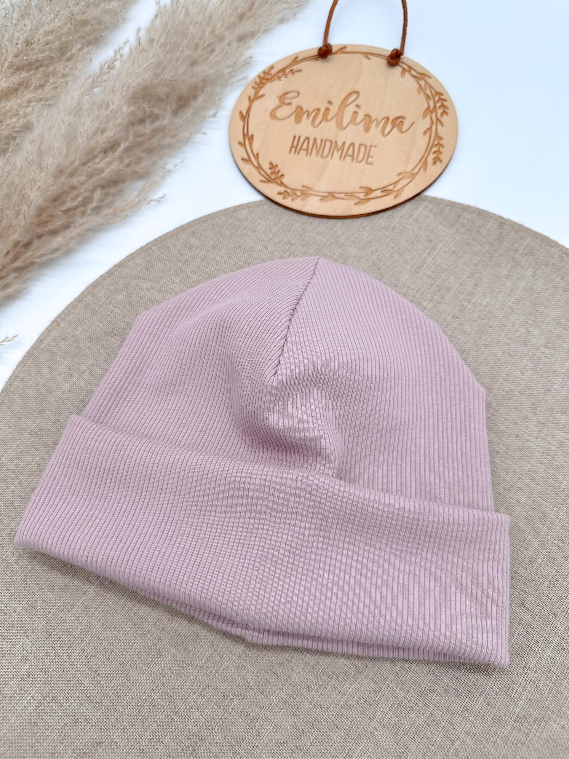 Hipster Beanie Altrosa Hell Patch Rib Jersey Ripp Baby Kleinkind von EmilimaHandmade