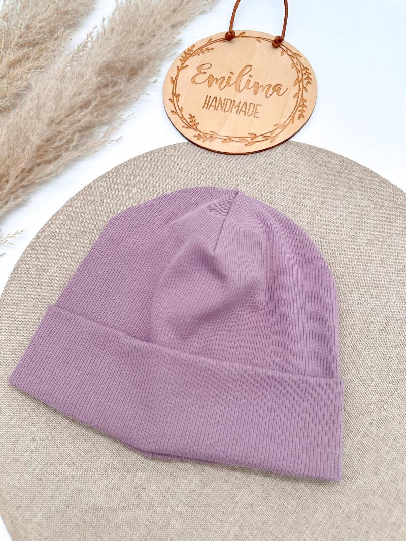 Hipster Beanie Beaniemütze Altrosa/Flieder Patch Rib Jersey Rippenjersey Baby Kleinkind von EmilimaHandmade