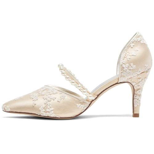 Emily Bridal A18353-49 Frauen Hochzeit Schuhe Spitze Zehe 8CM Stiletto Absatz Satin Pumps Perle Blume Brautschuhe,Champagner,39 EU von Emily Bridal