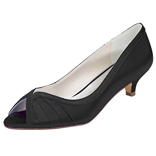 Emily Bridal Blaue Brautschuhe Peep Toe Kitten Heel Pumps Frauen Plissee Slip-On Elegante Abendschuhe (EU40, Schwarz) von Emily Bridal