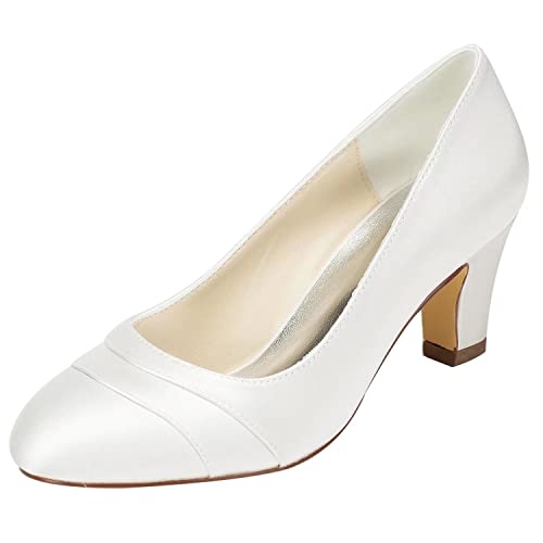 Emily Bridal Brautschuhe Damen Satin Chunky Heel geschlossene Zehe, 38 EU, Elfenbein von Emily Bridal