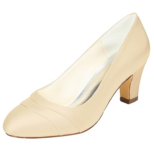 Emily Bridal Brautschuhe Damen Satin Chunky Heel geschlossene Zehe (Champagner, Numeric_38) von Emily Bridal