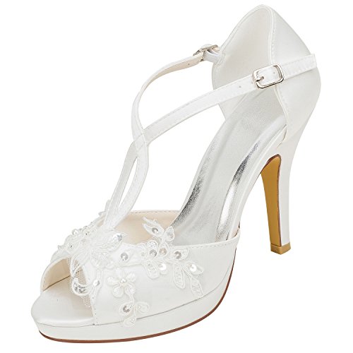 Emily Bridal Brautschuhe Damen Seide wie Satin Stiletto Peep Toe Plattform mit Nähte Spitze Perle, 37 EU, Ivory von Emily Bridal