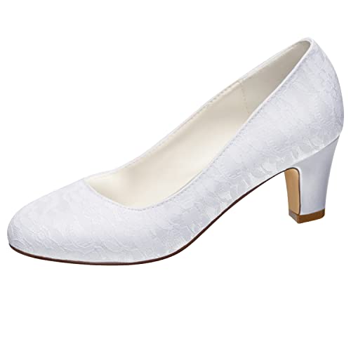 Emily Bridal Brautschuhe Damen Seide wie Satin Stöckel Absatz geschlossene Zehe Pumps (EU35, Weiß) von Emily Bridal