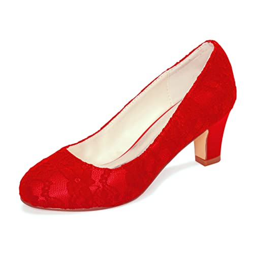 Emily Bridal Brautschuhe Damen Seide wie Satin Stöckel Absatz geschlossene Zehe Pumps (EU37, Rot) von Emily Bridal