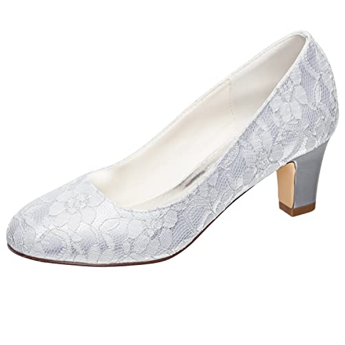 Emily Bridal Brautschuhe Damen Seide wie Satin Stöckel Absatz geschlossene Zehe Pumps (EU38, Silber) von Emily Bridal