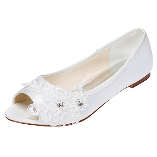 Emily Bridal Brautschuhe Frauen Satin Flache Ferse Peep Toe mit Crystal Heel Crystal (EU37, White) von Emily Bridal