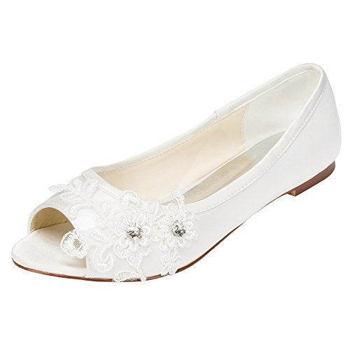 Emily Bridal Brautschuhe Frauen Satin Flache Ferse Peep Toe mit Crystal Heel Crystal (EU38, Ivory) von Emily Bridal