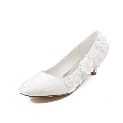 Emily Bridal Brautschuhe Frauen Satin Kitten Heel Geschlossene Zehe-Pumpen (EU38, Elfenbein) von Emily Bridal