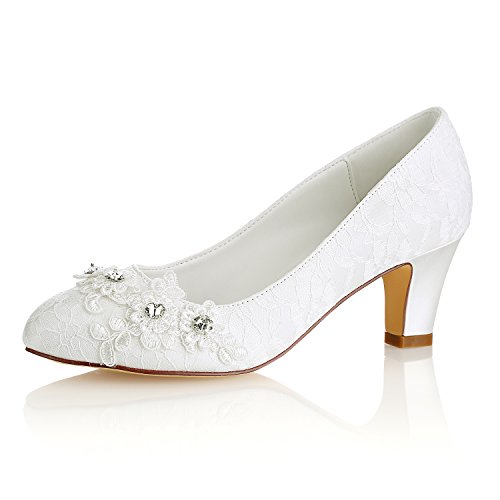 Emily Bridal Brautschuhe Frauen Seide wie Satin Stämmiger Absatz Absatzschuhe mit Stich Spitzen Blume Kristall (EU37, Ivory) von Emily Bridal