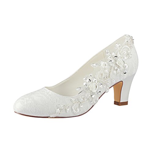 Emily Bridal Brautschuhe Frauen Seide wie Satin Stämmiger Absatz Absatzschuhe mit Stich Spitzen Blume Kristall Perle, 40 EU, Ivory von Emily Bridal