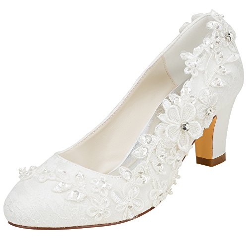 Emily Bridal Brautschuhe Frauen Seide wie Satin Stämmiger Absatz Absatzschuhe mit Stich Spitzen Blume Kristall Perle, Elfenbein, 42 EU (8.5 UK) von Emily Bridal