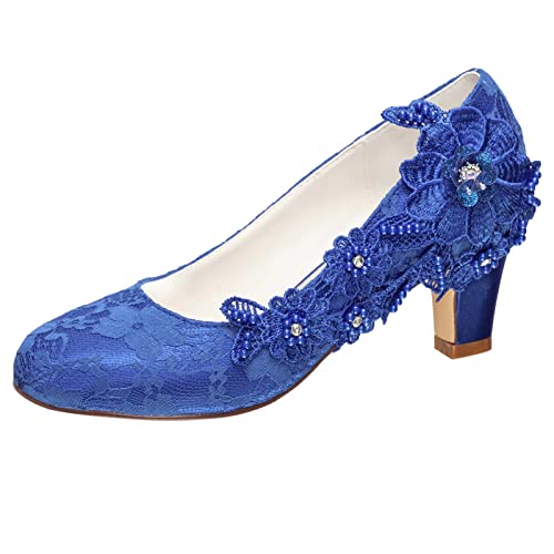 Emily Bridal Brautschuhe Frauen Seide wie Satin Stämmiger Absatz Absatzschuhe mit Stich Spitzen Blume Kristall Perle (EU36, Blau) von Emily Bridal