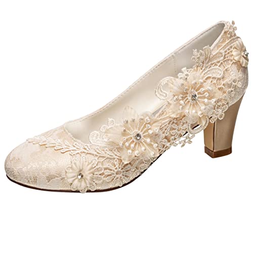 Emily Bridal Brautschuhe Frauen Seide wie Satin Stämmiger Absatz Absatzschuhe mit Stich Spitzen Blume Kristall Perle (EU37, Champagner) von Emily Bridal