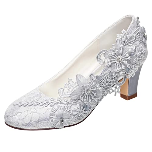 Emily Bridal Brautschuhe Frauen Seide wie Satin Stämmiger Absatz Absatzschuhe mit Stich Spitzen Blume Kristall Perle (EU35, Silber) von Emily Bridal