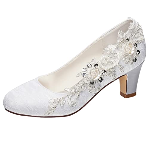 Emily Bridal Brautschuhe Frauen Seide wie Satin Stämmiger Absatz Absatzschuhe mit Stich Spitzen Blume Kristall Perle (EU35, Weiß) von Emily Bridal