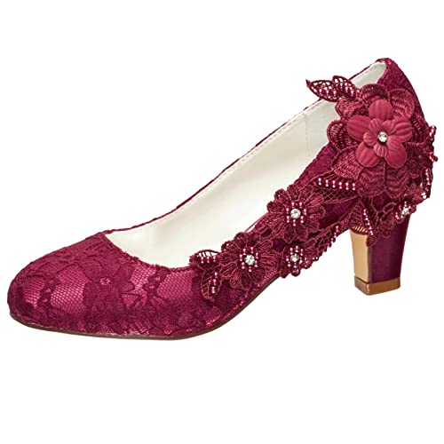 Emily Bridal Brautschuhe Frauen Seide wie Satin Stämmiger Absatz Absatzschuhe mit Stich Spitzen Blume Kristall Perle (EU36, Burgund) von Emily Bridal
