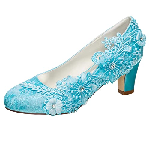 Emily Bridal Brautschuhe Frauen Seide wie Satin Stämmiger Absatz Absatzschuhe mit Stich Spitzen Blume Kristall Perle (EU37, Cyan-Blau) von Emily Bridal