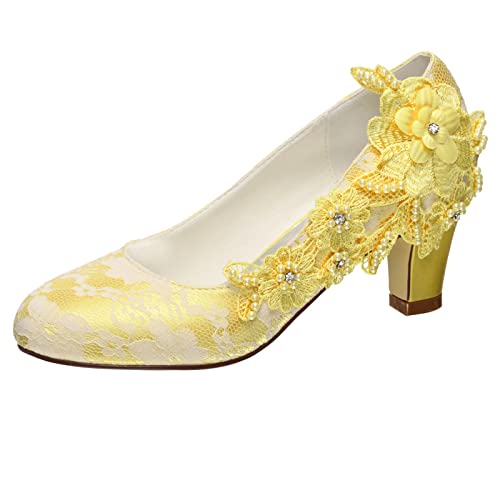 Emily Bridal Brautschuhe Frauen Seide wie Satin Stämmiger Absatz Absatzschuhe mit Stich Spitzen Blume Kristall Perle (EU37, Gelb) von Emily Bridal