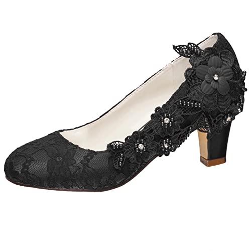 Emily Bridal Brautschuhe Frauen Seide wie Satin Stämmiger Absatz Absatzschuhe mit Stich Spitzen Blume Kristall Perle (EU37, Schwarz) von Emily Bridal