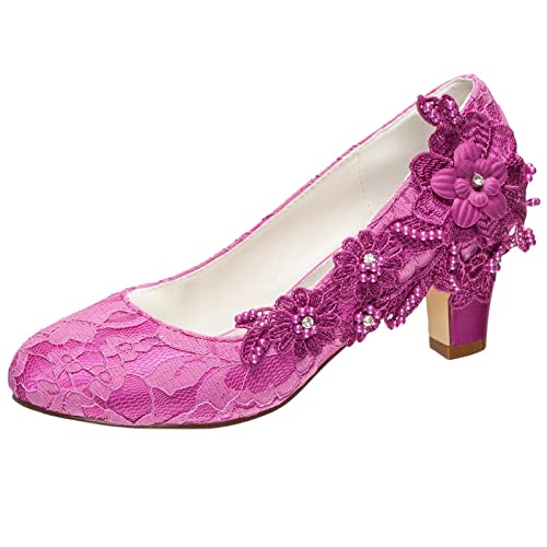 Emily Bridal Brautschuhe Frauen Seide wie Satin Stämmiger Absatz Absatzschuhe mit Stich Spitzen Blume Kristall Perle (EU40, Fuchsie) von Emily Bridal