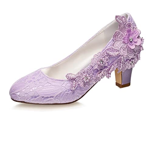 Emily Bridal Brautschuhe Frauen Seide wie Satin Stämmiger Absatz Absatzschuhe mit Stich Spitzen Blume Kristall Perle (EU42, Helles Lila) von Emily Bridal