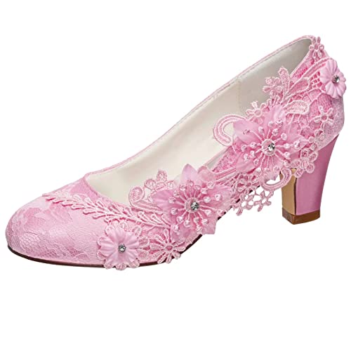 Emily Bridal Brautschuhe Frauen Seide wie Satin Stämmiger Absatz Absatzschuhe mit Stich Spitzen Blume Kristall Perle (EU38, Rosa) von Emily Bridal