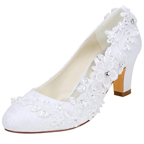 Emily Bridal Brautschuhe Frauen Seide wie Satin Stämmiger Absatz Absatzschuhe mit Stich Spitzen Blume Kristall Perle (EU37, Weiß) von Emily Bridal