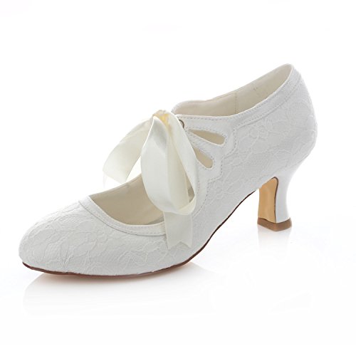 Emily Bridal Brautschuhe Frauen-Spitze-Spulen-Ferse geschlossene Zehe-Pumpen (EU38, Ivory) von Emily Bridal