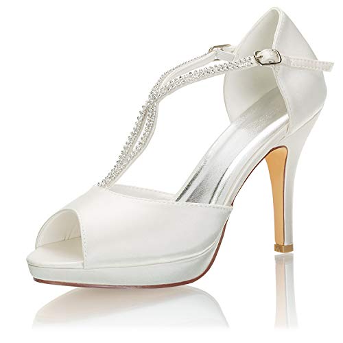 Emily Bridal Brautschuhe Satin Peep Toe T Typ High Heel Brautschuhe mit Strass besetzt (EU39, Elfenbein) von Emily Bridal