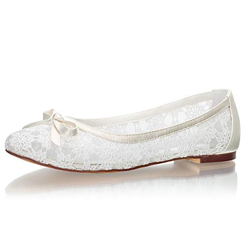 Emily Bridal Brautschuhe Schnüren Sie Sich runde Zehe-Flache Mutter der Braut-Schuhe (EU42, Elfenbein) von Emily Bridal