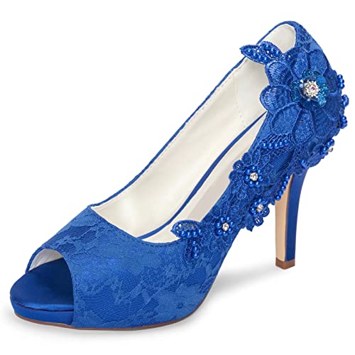 Emily Bridal Brautschuhe Spitze Hochzeitsschuhe Spitze Peep Toe High Heel Brautschuhe (EU36, Blau) von Emily Bridal