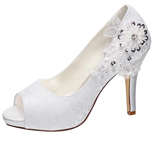 Emily Bridal Brautschuhe Spitze Hochzeitsschuhe Spitze Peep Toe High Heel Brautschuhe (EU36, Weiß) von Emily Bridal