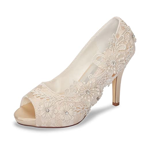 Emily Bridal Brautschuhe Spitze Hochzeitsschuhe Spitze Peep Toe High Heel Brautschuhe (EU38, Champagner) von Emily Bridal